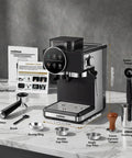 Level Up Your Daily Coffee Drip With This Pro Espresso Machine And Built In Grinder Featuring 20 Bar Pressure A Milk Frother Steam Wand And Spacious 60 Oz Tank For Barista Level Sips At Home, showcasing espresso machine with portafilter and manual.