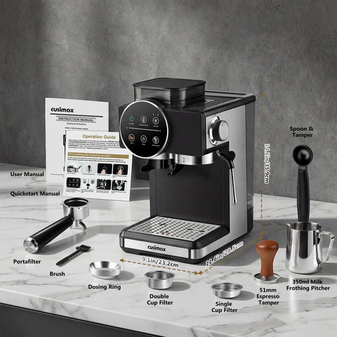 Level Up Your Daily Coffee Drip With This Pro Espresso Machine And Built In Grinder Featuring 20 Bar Pressure A Milk Frother Steam Wand And Spacious 60 Oz Tank For Barista Level Sips At Home, showcasing espresso machine with portafilter and manual.