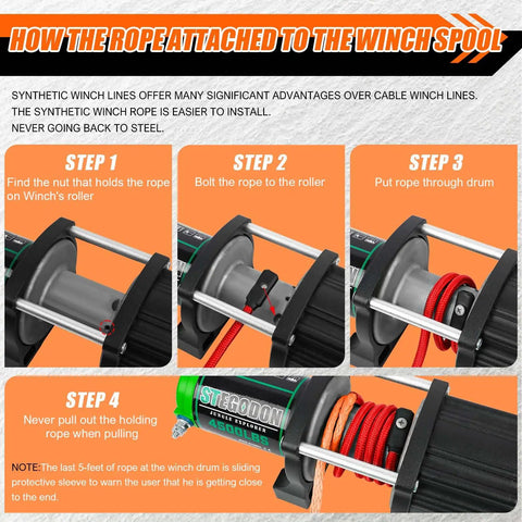 1/4 Inch By 50 Foot Orange Synthetic Winch Rope With Black Protective Sleeve installation steps