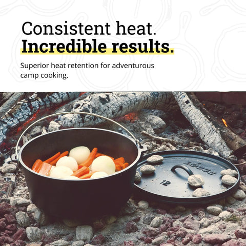 Seasoned 8 Quart Cast Iron Camp Dutch Oven With Lid Dual Handles Heavy Duty Camping Cookware over campfire with vegetables.