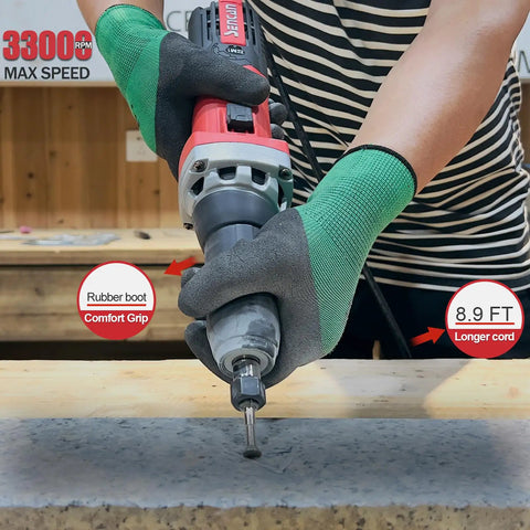 Front view of Beefy Electric Die Grinder With One Quarter Inch Collet, Variable Speed Corded Power Grinder in use for metal work.
