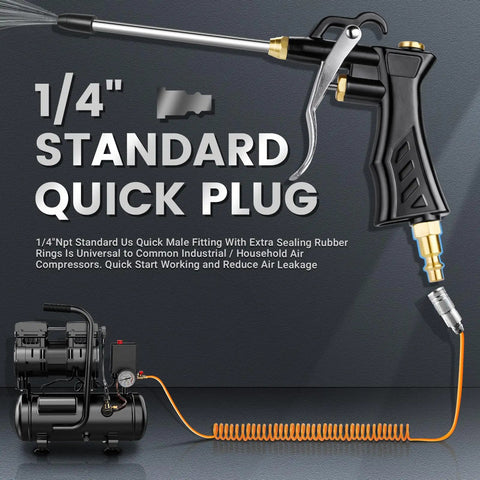 Go-To High Volume Air Blow Gun With Brass Adjustable Nozzle and 13.7 Inch Extension Hose attached to air compressor