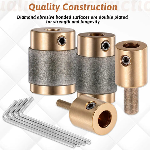 Stained Glass Diamond Grinder Bit Set With 1 3/4 Inch, 1/4 Inch, And 1/8 Inch Heads, Brass Core, shown with Allen wrenches