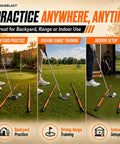 Collapsible Golf Alignment Sticks Set, showcasing practice use in backyard, driving range, and indoor setup for swing training.