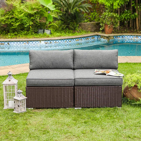 2-Piece Add-On Armless Chairs To Expand Chocolate Brown Wicker Sectional Sofa Set With Dark Grey Cushions Outdoor Patio Garden Poolside Comfort Rust-Resistant Steel Frame All-Weather PE Wicker