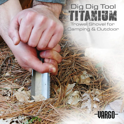 Close-up of Ultralight Titanium Dig Dig Tool For Camping And Backpacking, Compact Trowel Shovel digging in pine needles outdoors