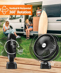 10000mAh Battery Operated Camping Fan With LED Light And 7 Inch USB Fan near camper van, 360-degree rotation feature shown