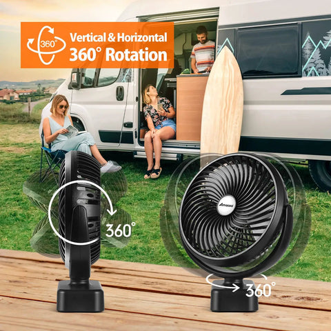 10000mAh Battery Operated Camping Fan With LED Light And 7 Inch USB Fan near camper van, 360-degree rotation feature shown
