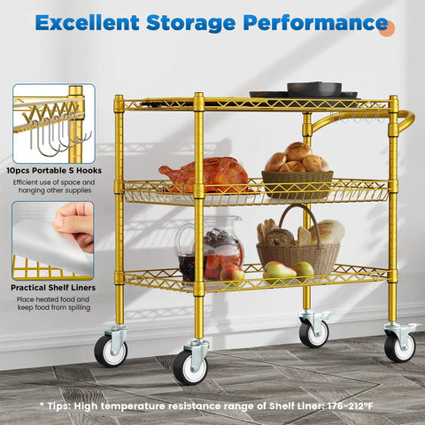 Three Tier Rolling Cart With Wheels, Heavy Duty Utility Bar Cart, NSF Certified Metal Cart With Handle And Shelf Liner