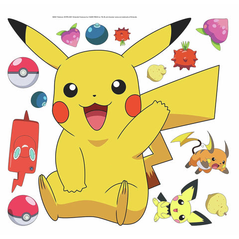 Image of Pikachu Giant Peel And Stick Wall Decals Comes With 14 Pieces Big Vinyl Wall Stickers For Kids Rooms Removable Repositionable Decor That Sticks To Any Smooth Surface With No Residue Reusable Across Spaces Super Easy For Renters featuring Pikachu and various Pokemon elements on a white background.