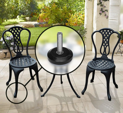 Heavy Duty Adjustable Furniture Levelers 8 Pack Weatherproof Screw In Leg Glides For Patio Chairs Built Badass To Kick The Wobble Smooth PTFE Slider Feet installed on black chair legs in outdoor setting.