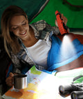 Person using Cordless 400 Lumen LED Work Light Torch Portable With 360 Degree Swivel 90 Degree Tilt Magnetic Mounts Rechargeable Battery in a tent