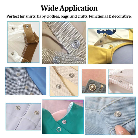 Heavy Duty Copper Snap Button Kit With One Hundred Rustproof Fasteners And QuickPress Plier Plus Smart Storage Box For ZeroFuss Clothing Repairs And Solid DIY Builds displayed on various fabrics and clothing options.