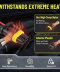 Tough As Nails 9005 And 9006 Headlight Connectors showing high-temp nylon with heat resistance in engine bay.