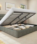 King Size Lift Up Storage Bed Frame With Linen Upholstered Wingback Headboard Heavy Duty Hydraulic Gas Lift Platform Base Room Savior Smart Underbed Stash Zero Squeak Grey with mattress raised to reveal storage.