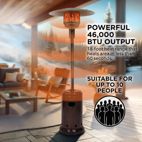 46,000 BTU Portable Outdoor Propane Patio Heater With Wheels, Havana Bronze Finish, shown warming a patio.