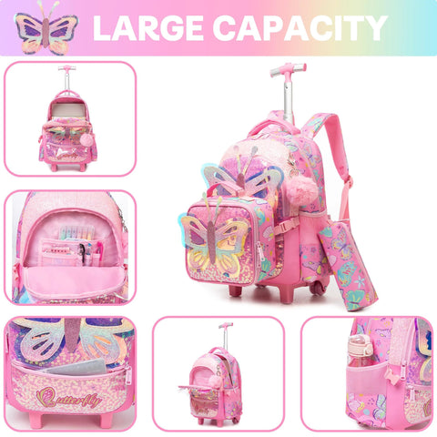Pink butterfly Meetbelify rolling backpack for girls with wheels, 3-in-1 travel luggage with lunch box and pencil case