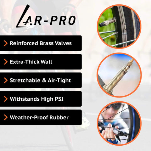 Diagram highlighting features of Six Pack Replacement Road Bike Inner Tubes, 28 Inch 700x20-25C, 80mm Brass Presta Valves