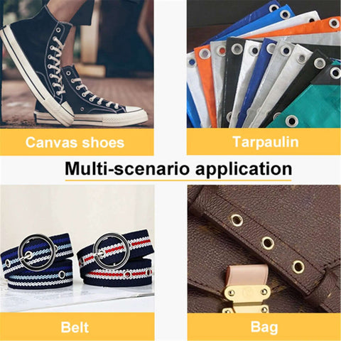 Must Have Reinforced Grommet Kit Set For DIY Projects 200 Pieces With 3 By 16 Inch Brass Eyelets applied to shoes, tarpaulin, belts, and bags