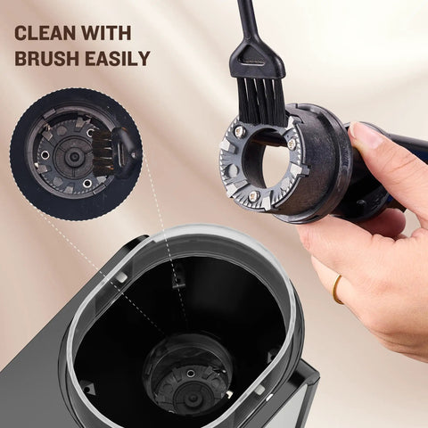 Cleaning the Ayhiro Stainless Steel Flat Burr Coffee Grinder with brush for easy maintenance and upkeep.