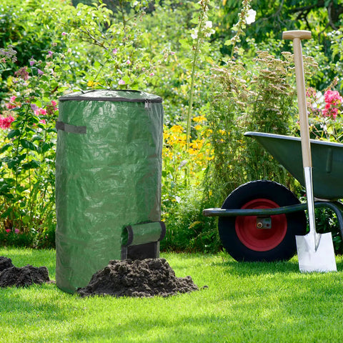 34 Gallon Outdoor Compost Bins Two Pack for Yard Waste and Kitchen Scraps, green garden bag with soil in a garden setting