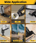 Heavy Duty Oscillating Tool Blade Kit 50 Piece Universal Multi Saw Blades For Metal Wood And Plastic M42 Steel Titanium Coated Cutting Set Sweet Cuts No Sweat Setup Killer Grind For All Standard Rotary Tools in action on wood, PVC, drywall, copper, and metal.