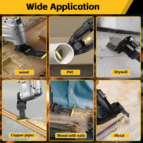 Heavy Duty Oscillating Tool Blade Kit 50 Piece Universal Multi Saw Blades For Metal Wood And Plastic M42 Steel Titanium Coated Cutting Set Sweet Cuts No Sweat Setup Killer Grind For All Standard Rotary Tools in action on wood, PVC, drywall, copper, and metal.