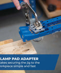 Pocket Hole Jig 320 with Classic Two Inch Face Clamp in use on wood, adjustable drill guides visible, securing clamp pad adapter
