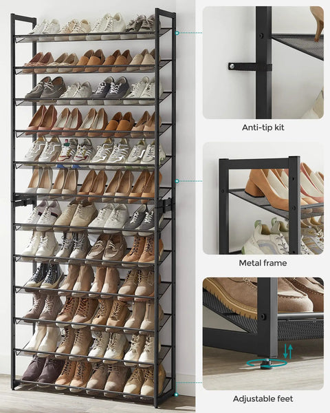 Built Tough Metal Shoe Rack With Adjustable Angled Or Flat Shelves Stackable 12 Tier Organizer Holds 60 Pairs Game Changer For Cluttered Entryways And Packed Garages Matte Black