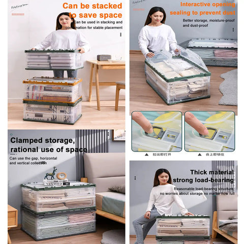 Heavy Duty Collapsible Storage Bins With Lids stacked with clothes, showcasing sturdy plastic, space-saving design, and easy access.