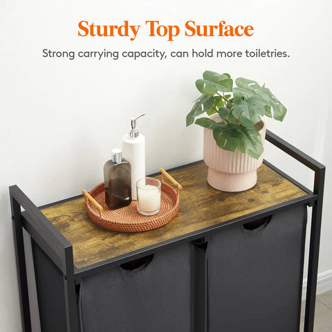 95L Double Section Laundry Hamper With Easy Pullout Compartments, Large Top Shelf And Removable Laundry Bags, Perfect For Dorm Rooms, Laundry Room Bedroom Or Bathroom, Sturdy Black with decor on top shelf