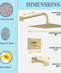 Brushed Gold Shower Fixtures Set With 12 Inch Square Rain Shower Head, Tub Spout, 16 Inch Shower Arm, Valve Included dimensions chart