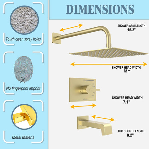 Brushed Gold Shower Fixtures Set With 12 Inch Square Rain Shower Head, Tub Spout, 16 Inch Shower Arm, Valve Included dimensions chart