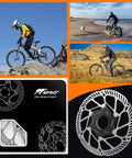Center Lock Disc Brake Rotor 140mm 160mm 180mm 203mm Stainless Steel Beefed Up For Mountain Bike Road Bike E Bike BMX Trail Ice Tech Heat Dissipation Design with packaging and cyclists in various terrains.