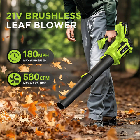 21V brushless leaf blower in use on a lawn, achieving 180 MPH wind speed and 580 CFM airflow, Powerful 580 CFM Cordless Leaf Blower With Dual Batteries, Brushless Motor, Lightweight Handheld Design, Turbo Modes For Quick Yard Cleanup And Car Drying, Ideal For Women And Seniors, Fast Charger Included.
