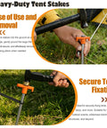 Using Beefy Heavy Duty Camping Tent Stakes 12 Pack with 7.1 Inch Rust Resistant Metal Pegs and Orange Rubber Sleeves.