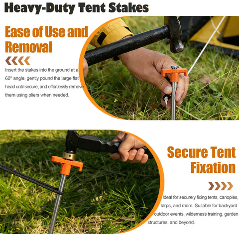 Using Beefy Heavy Duty Camping Tent Stakes 12 Pack with 7.1 Inch Rust Resistant Metal Pegs and Orange Rubber Sleeves.