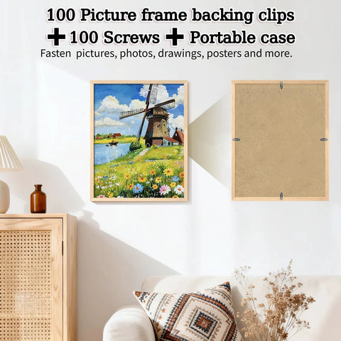 Light wood picture frame front with windmill landscape painting; adjacent frame back shows metal turn-fasteners.