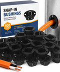 100 Pack Half Inch Snap In Bushing Grommet Set For Cable Holes And Wire Panels with box and metal panel install view