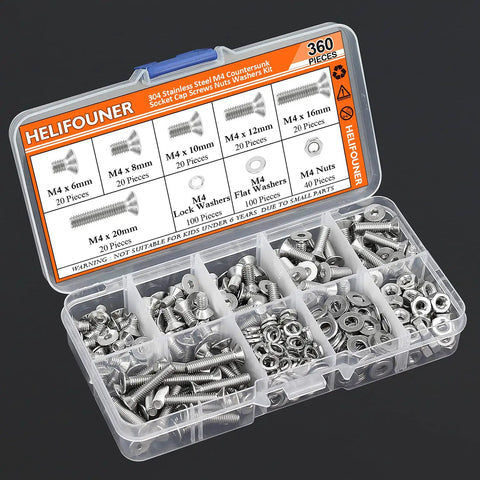 Heavy Duty 304 Stainless Steel M4 Fastener Kit with 360 pieces including screws, nuts, and washers in a storage box.