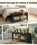 Rugged Rustic Storage Bench With Solid Wood Seat And Slatted Shelf Indoor Outdoor Shoe Rack 450 Lb Capacity Black 40 Inch