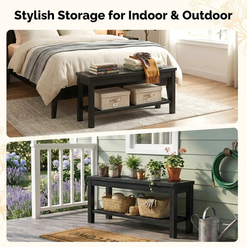 Rugged Rustic Storage Bench With Solid Wood Seat And Slatted Shelf Indoor Outdoor Shoe Rack 450 Lb Capacity Black 40 Inch