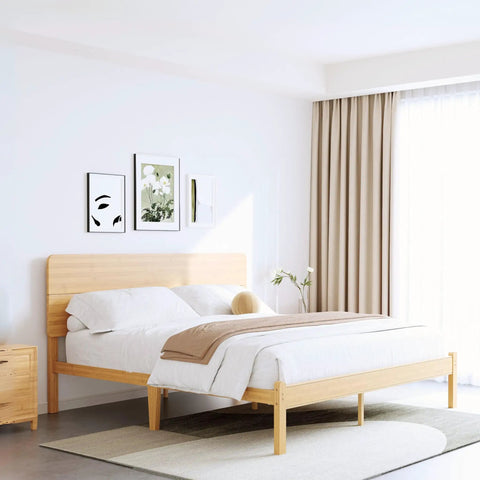 Natural Bamboo King Size Platform Bed Frame With Headboard, 14 Inch Low Profile Build For Rock Solid Support, displayed in a modern bedroom setting.