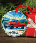 Custom Name Pickup Truck Stained Glass Ornament with red truck and personalized name on Christmas tree, vintage keepsake