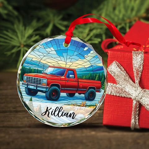 Custom Name Pickup Truck Stained Glass Ornament with red truck and personalized name on Christmas tree, vintage keepsake