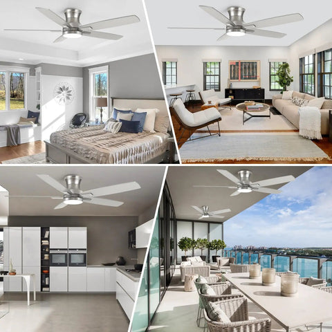 52 Inch Flush Mount Brushed Nickel Ceiling Fan With Light And Remote, Ultra Quiet DC Motor in living room, bedroom, kitchen, patio