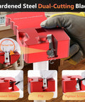 9-In-1 PVC Pipe Deburring Tool Set With Adjustable Chamfer From 0.5 To 4 Inches shown in use, red with dual-cutting blade