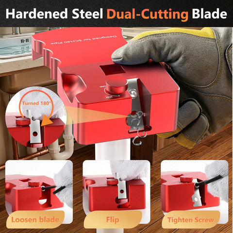 9-In-1 PVC Pipe Deburring Tool Set With Adjustable Chamfer From 0.5 To 4 Inches shown in use, red with dual-cutting blade
