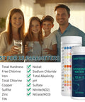Twenty In One Drinking Water Test Strips Fast Home Analysis For Ph Hardness Lead Iron Copper Chlorine And Bacteria Straight Up Safe Results Zero Drama Reading Beat The Guesswork family holding drinking glasses with test strips in the background.