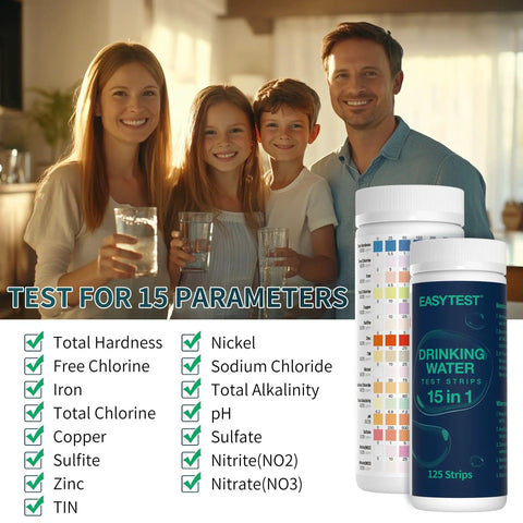 Twenty In One Drinking Water Test Strips Fast Home Analysis For Ph Hardness Lead Iron Copper Chlorine And Bacteria Straight Up Safe Results Zero Drama Reading Beat The Guesswork family holding drinking glasses with test strips in the background.